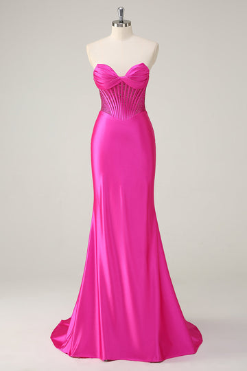 Fuchsia Mermaid Strapless Corset Long Prom Dress